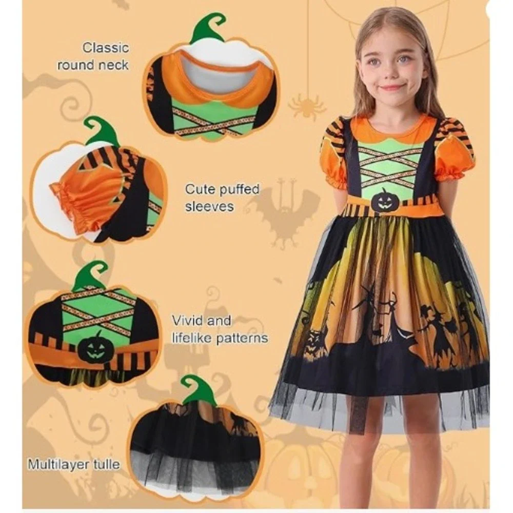 Halloween Pumpkin Witch Costume‎ Dress Kids 3T-4T Orange Tulle Party NEW